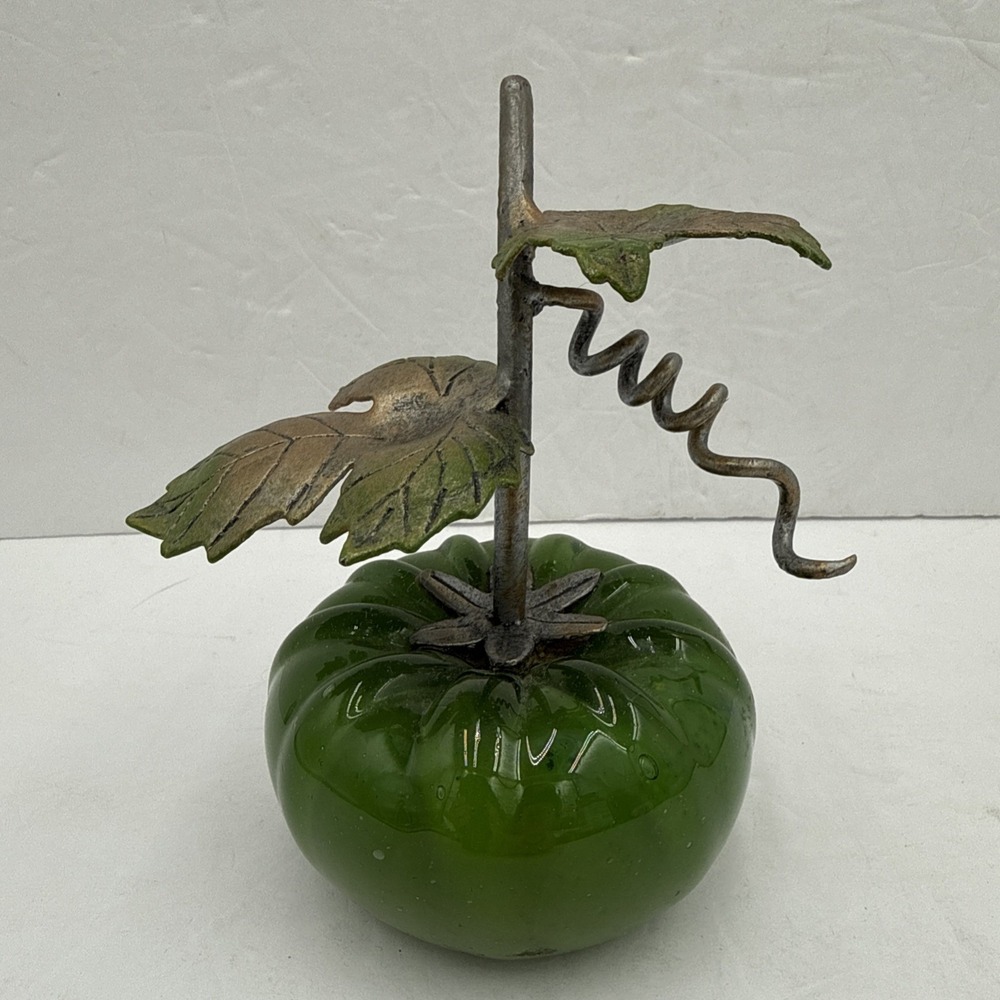Hand Blown Glass Green Art‎ Glass Tomato Pumpkin Cork Screw Fall Decor